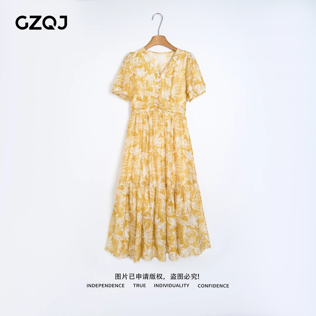 广州琴姐【漾夏花叙】温柔显瘦收腰V领中长款黄色碎花连衣裙子夏431