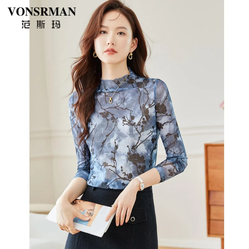 印花网纱半高领打底衫女2025春秋新款内搭显瘦修身长袖t恤上衣潮