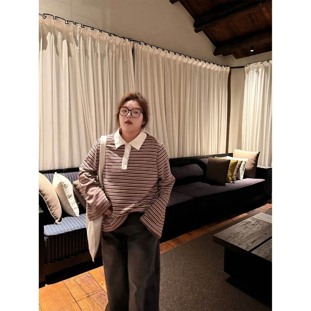 老章和小胖PONGKIK松弛感条纹德绒T恤女大码春季慵懒风上衣打底衫