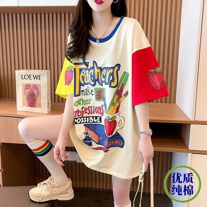 纯棉美式复古卡通撞色短袖t恤裙女夏天独特别致漂亮小个子上衣服
