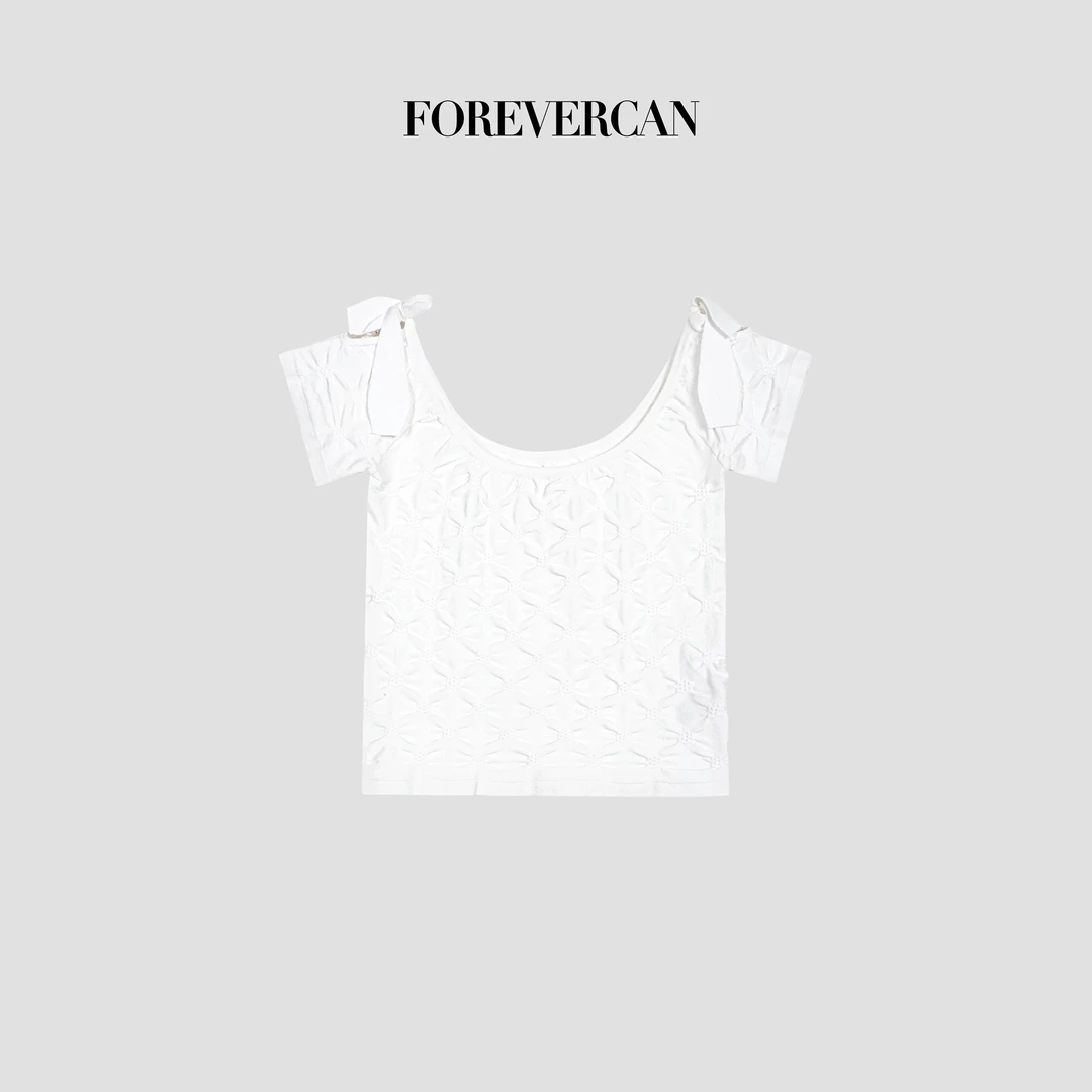 FOREVERCAN“白茶慕斯”浮雕针织短款一字肩短袖上衣 MY4012