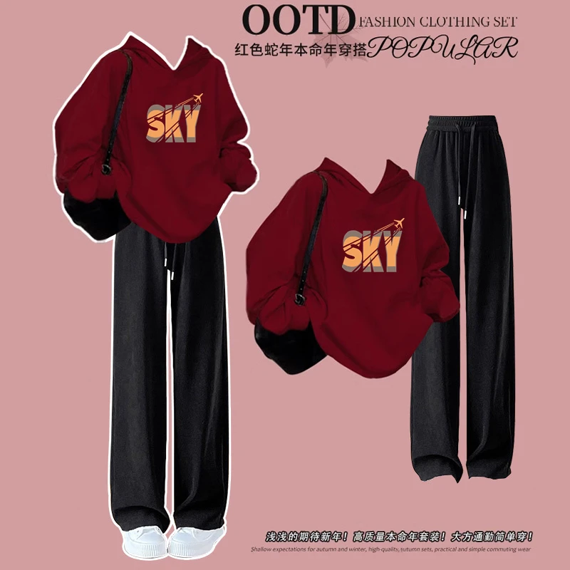 女童套装酒红色卫衣加绒秋冬2025新年款时髦女孩大童过年衣服外套