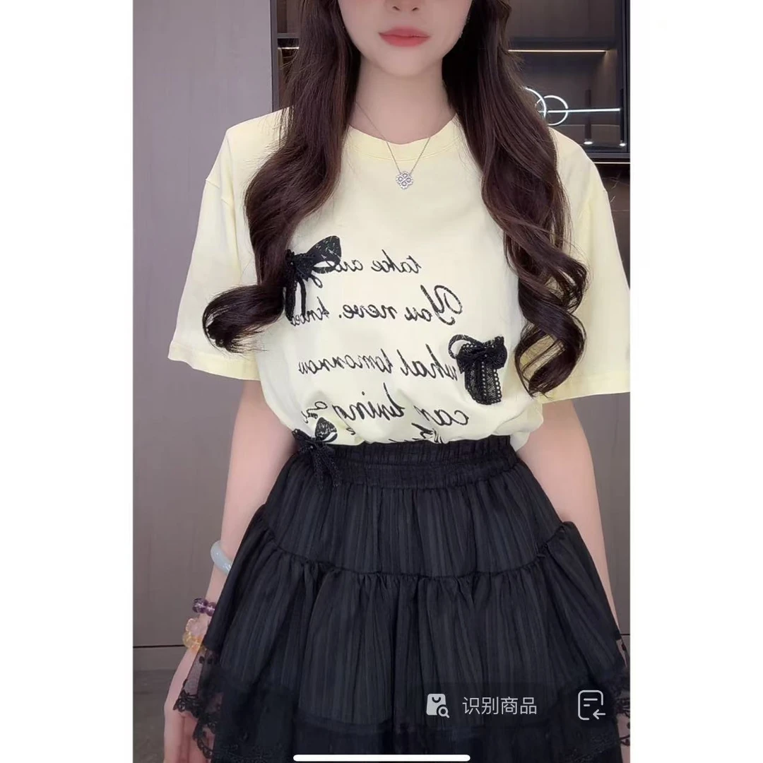 曼曼【夏日奶黄~】韩版简约重工字母蝴蝶设计宽松短袖T恤女