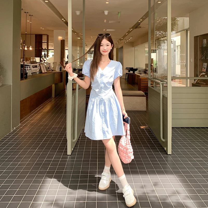 曾小咸 海岸甜心 蓝色V领泡泡袖短裙女收腰气质连衣裙Z241LS2008