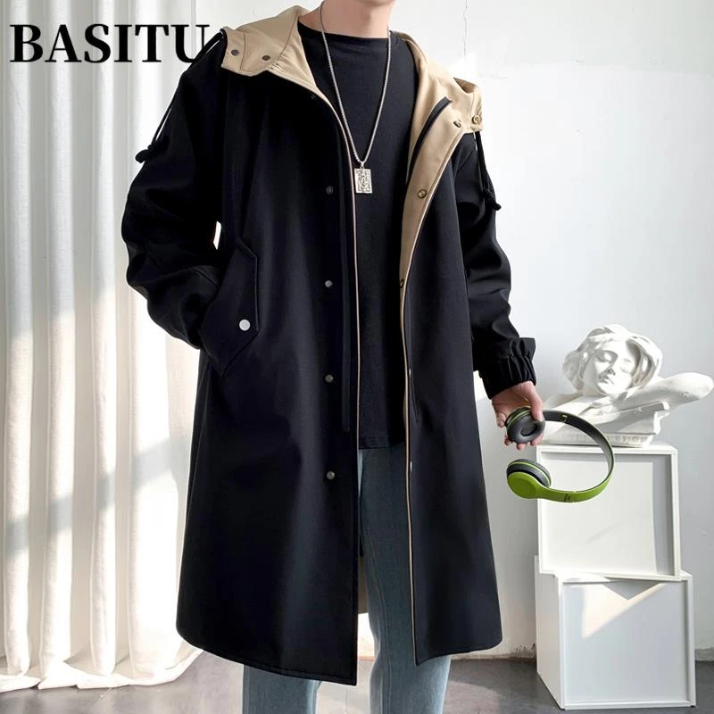 BASITU中长款风衣外套男冬秋季时尚休闲男士秋季简约中长款风衣