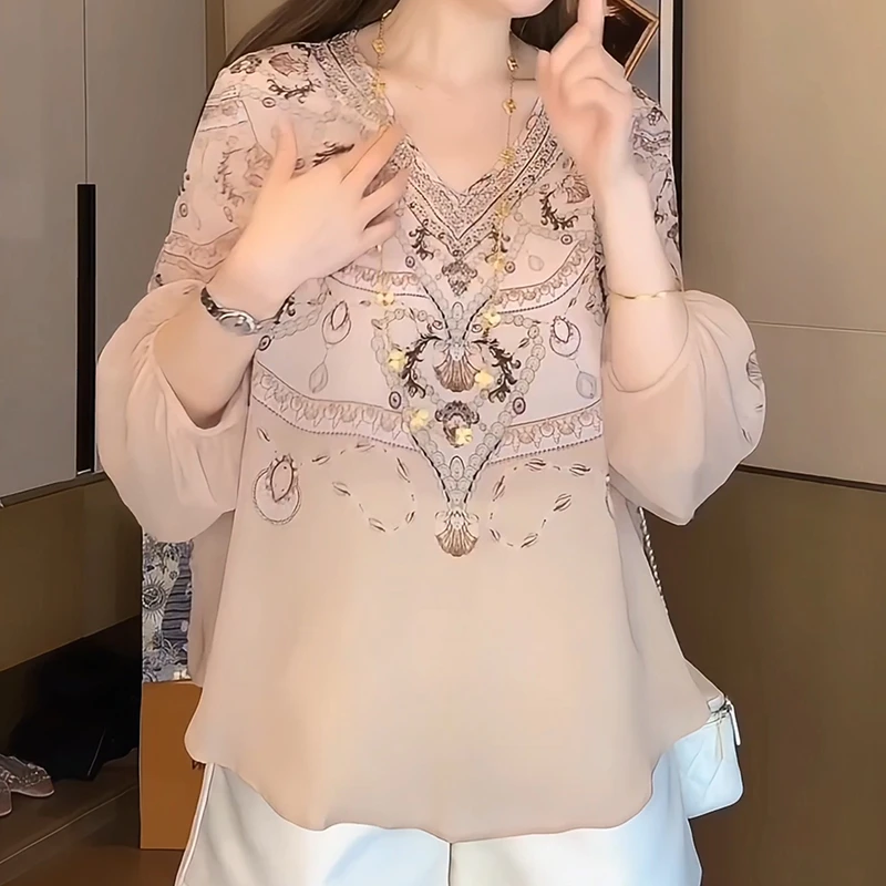 欧货时尚气质重工拼接印花七分袖衬衫女夏季新款轻薄V领宽松上衣