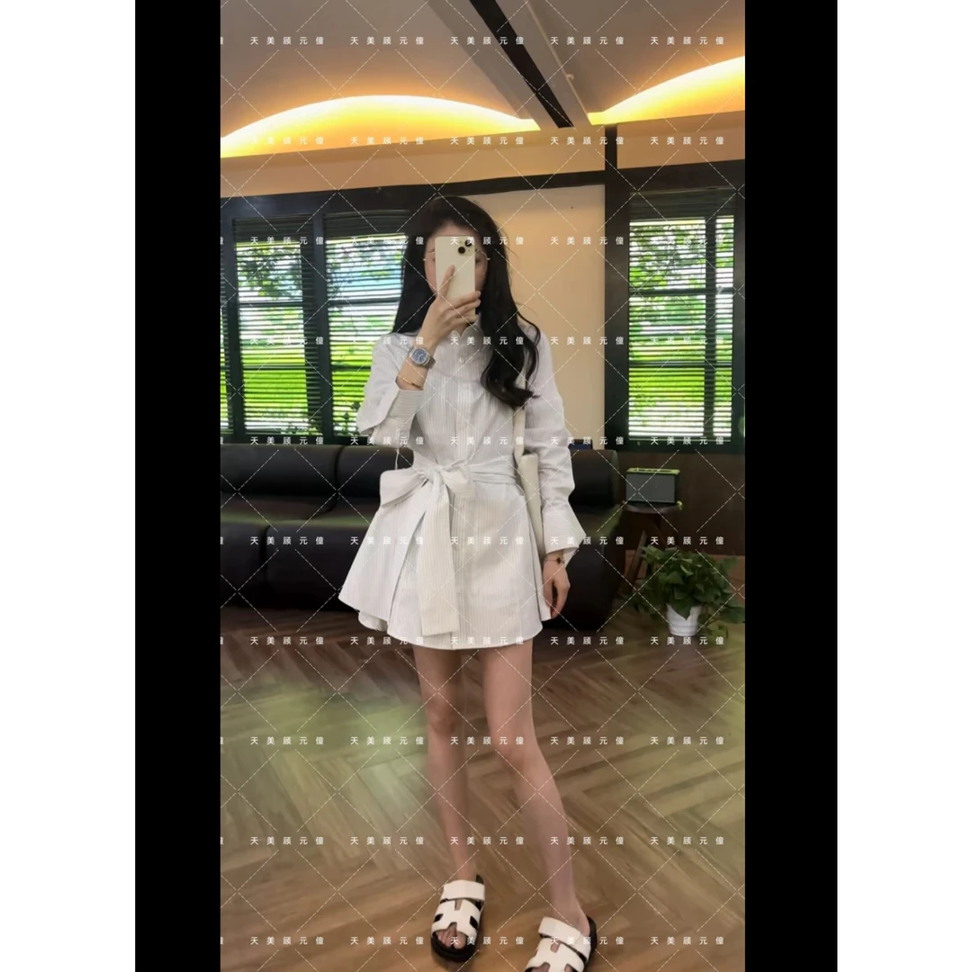 Honey Slurp天美25041 Love纯色高级感蓝白条纹衬衫裙