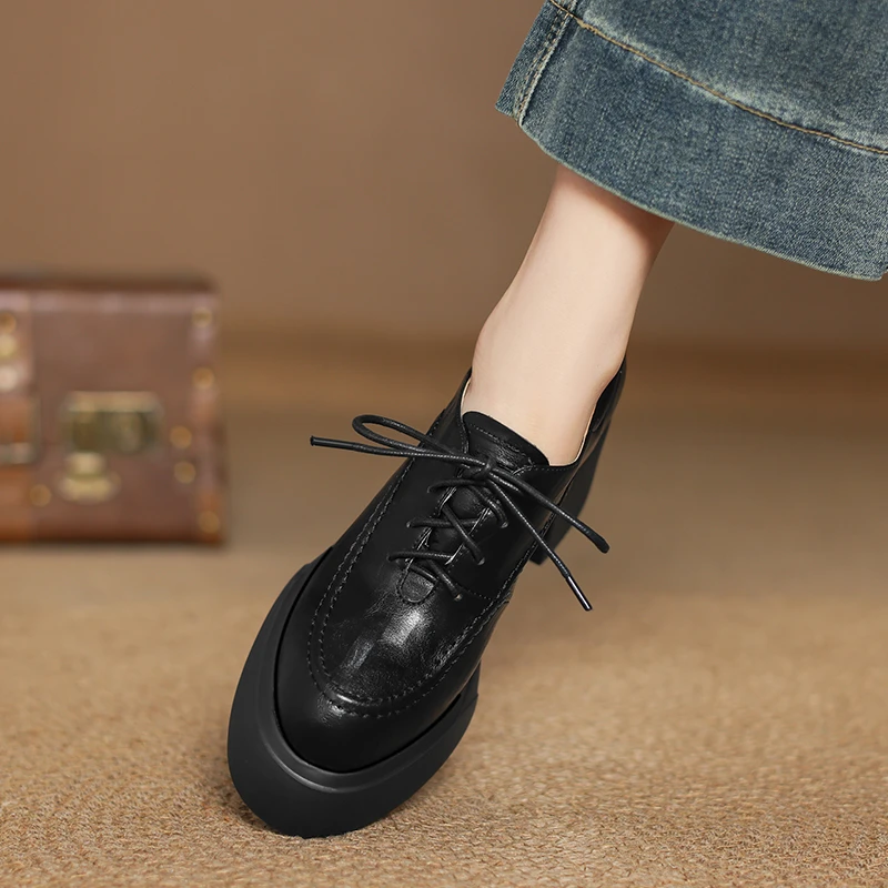 小个子增高8cm~高跟系带深口单鞋真皮舒适百搭小皮鞋英伦风乐福鞋