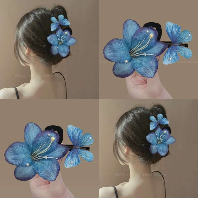气质蓝蝶~百搭懒人夹新中式花朵发夹氛围感气质侧边发抓夹头花女