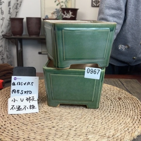 紫砂花盆微瑕绿一颗印2只