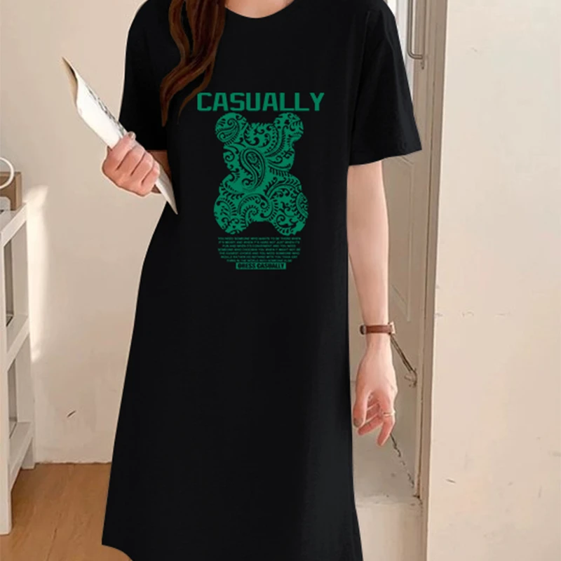 2025夏季新款纯棉短袖t恤裙女宽松休闲大码中长款过膝长裙连衣裙