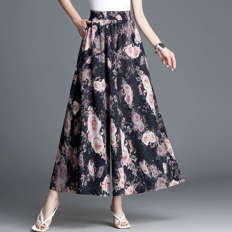 高腰玫瑰花朵印花细闪钻垂感阔腿裤女夏季新款宽松显瘦九分裙裤