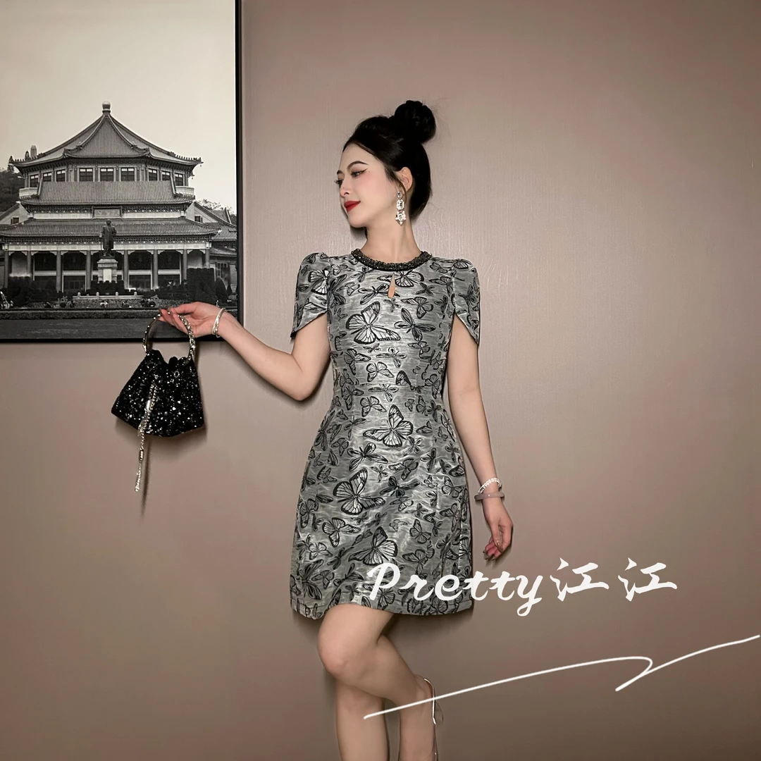 Pretty小众设计师品牌江江定制 中国风收腰中式提花连衣裙45146