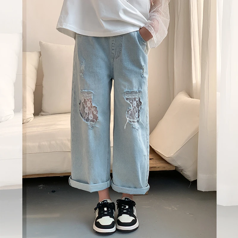 【蕾丝牛仔】西西家女童2025夏季新款破洞牛仔裤儿童蕾丝裤子26682