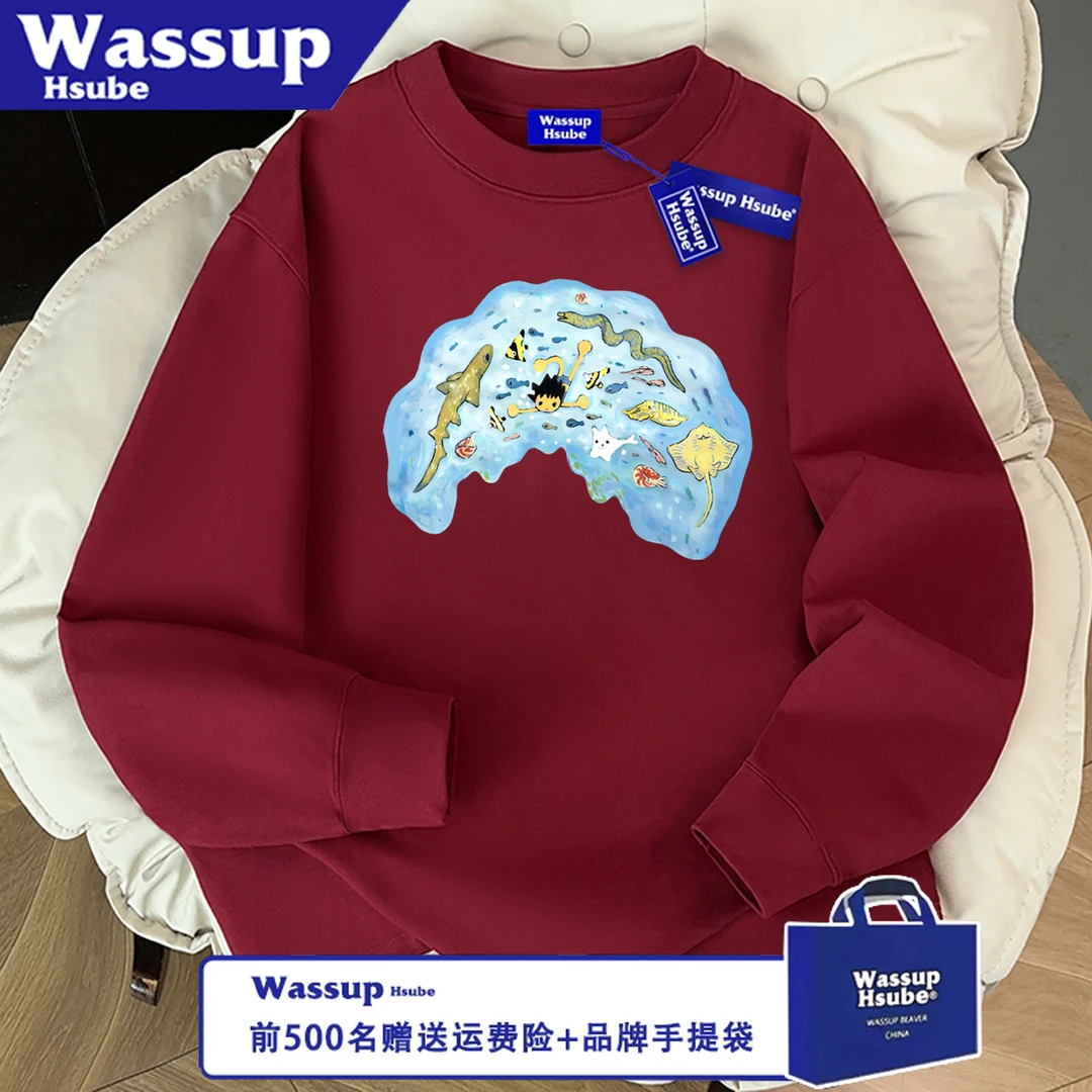 WASSUP HSUBE百搭美式休闲宽松海洋少年长袖圆领秋冬印花情侣上衣