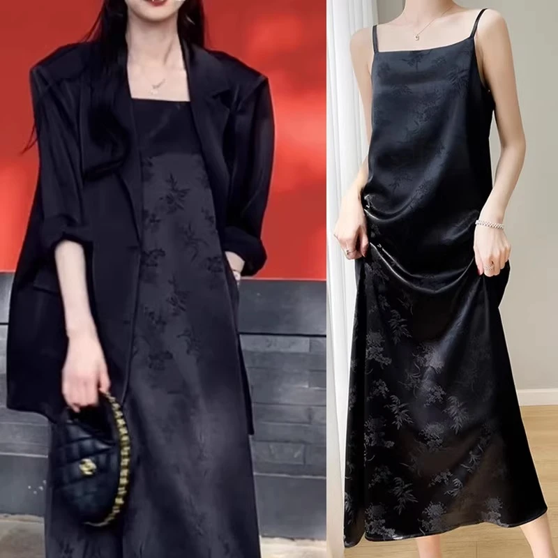 大码胖mm遮肉套装高级感御姐裙气质显瘦法式缎面西装吊带裙两件套