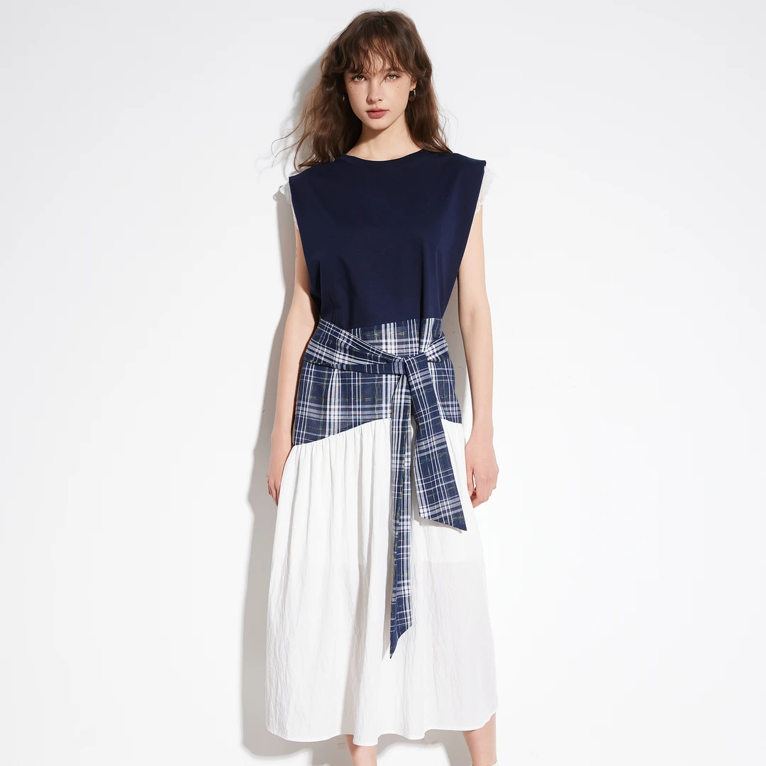 【女装优选WL】百家好复古撞色格子拼接连衣裙女2025夏B0015C56922