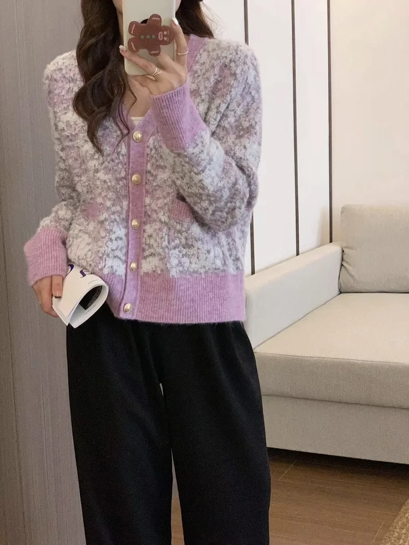 紫色花卉晕染提花V领宽松毛衣慵懒风百搭针织开衫9743