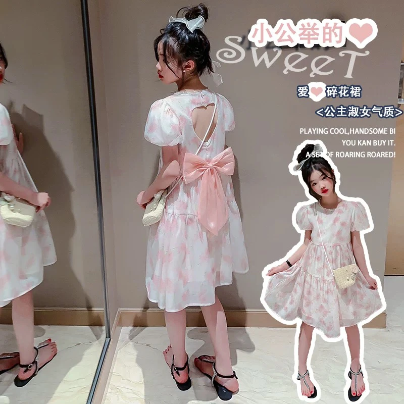 女童2025夏季新款泡泡袖花朵连衣裙后背蝴蝶结爱心镂空