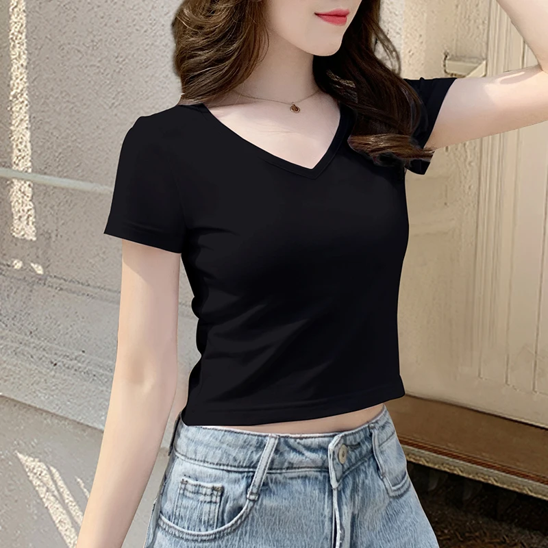 黑色短袖t恤女短款纯棉V领高腰露脐韩版修身2025夏季新款显瘦上衣