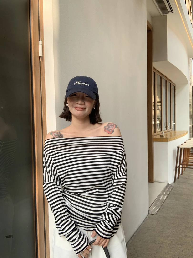 条纹露肩上衣小个子打底衫内搭t恤女长袖不规则收褶设计感一字领