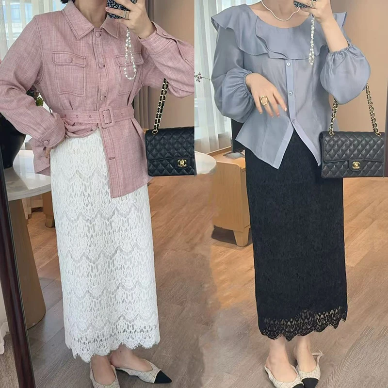 【DIS 现货】【秋眠花馨】早秋显瘦高腰磨毛蕾丝钩花半身裙Z525G13418