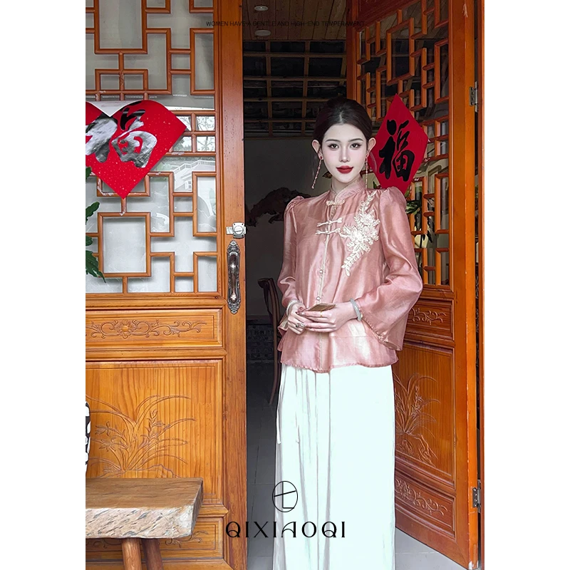 七小七Sicily【桃花仙】新中式立领粉色长袖上衣春季裤子两件套