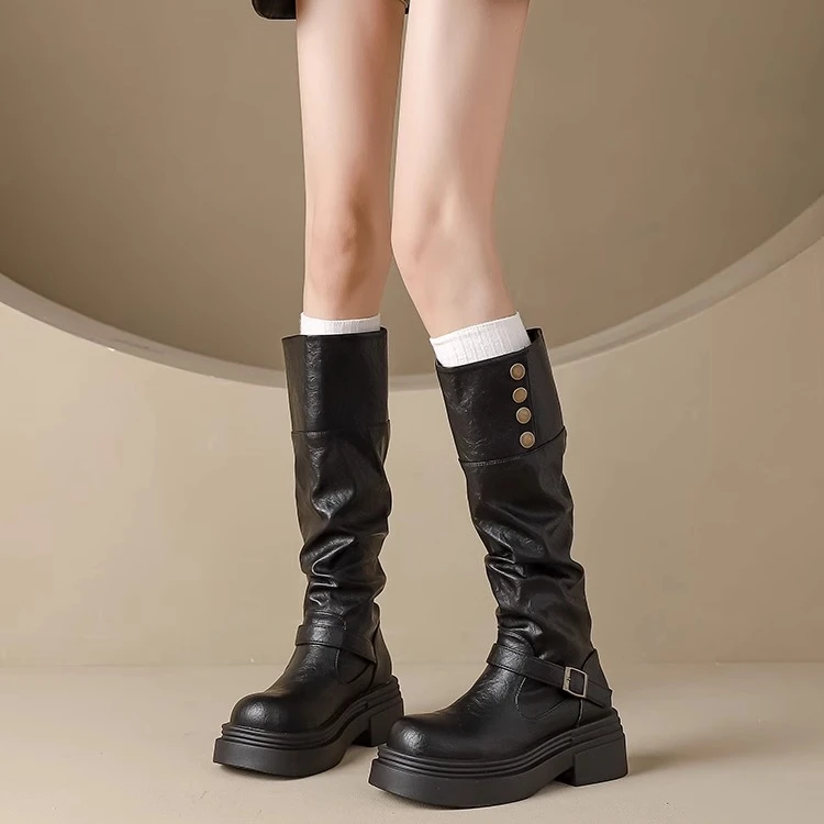 5厘米！厚底增高黑色长筒靴女2024冬季不过膝骑士靴两穿褶皱堆堆靴