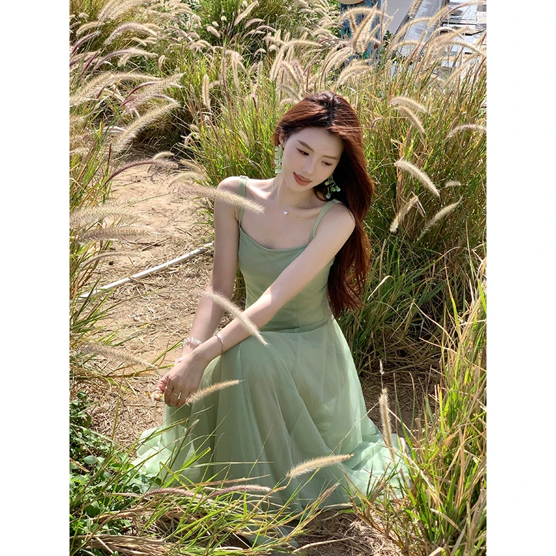 【巴黎夜色】甜辣多多2025双层网纱仙女裙女夏季法式吊带收腰连衣裙