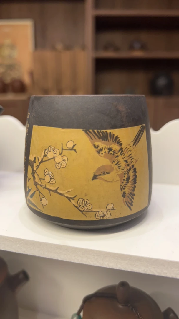 文林/全手工紫陶/花鸟刻填/主人杯/手工茶杯