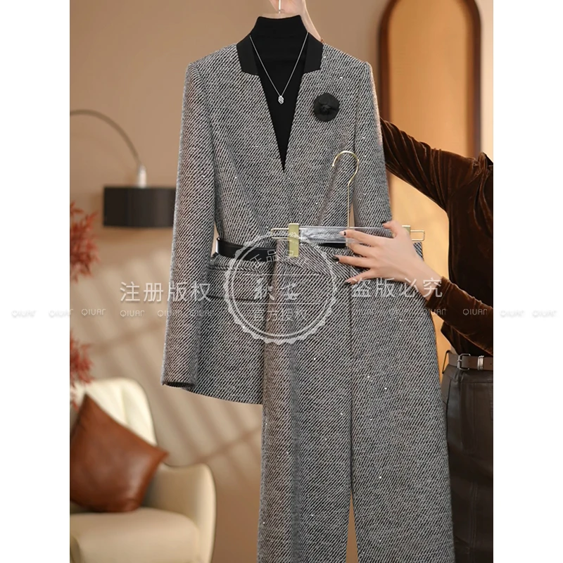 【星晨定制】2025冬季新款灰黑斜纹优雅时尚气质减龄休闲复古套装