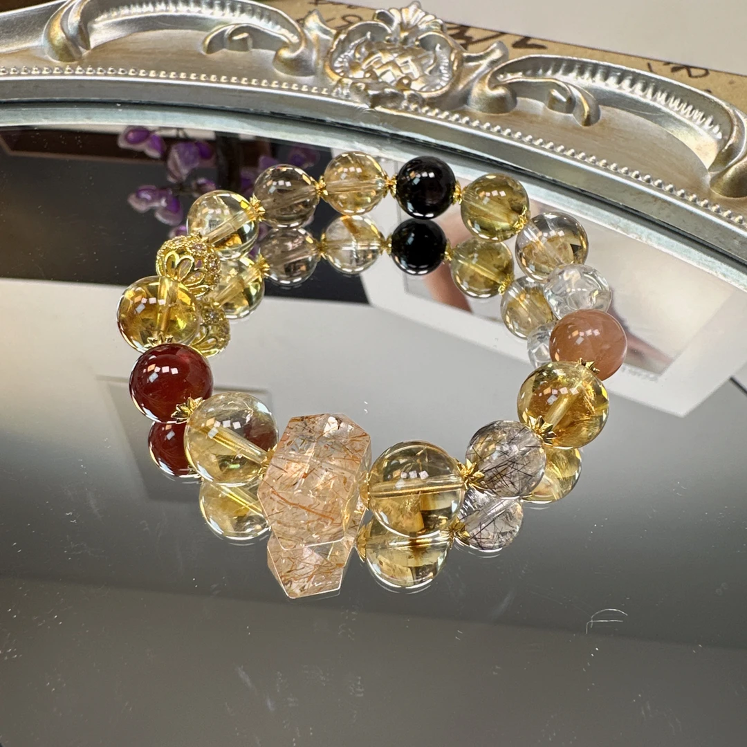 《兮月落金》黄阿塞配黑金超七水晶柱手串1062 颜色微差 多样性发一