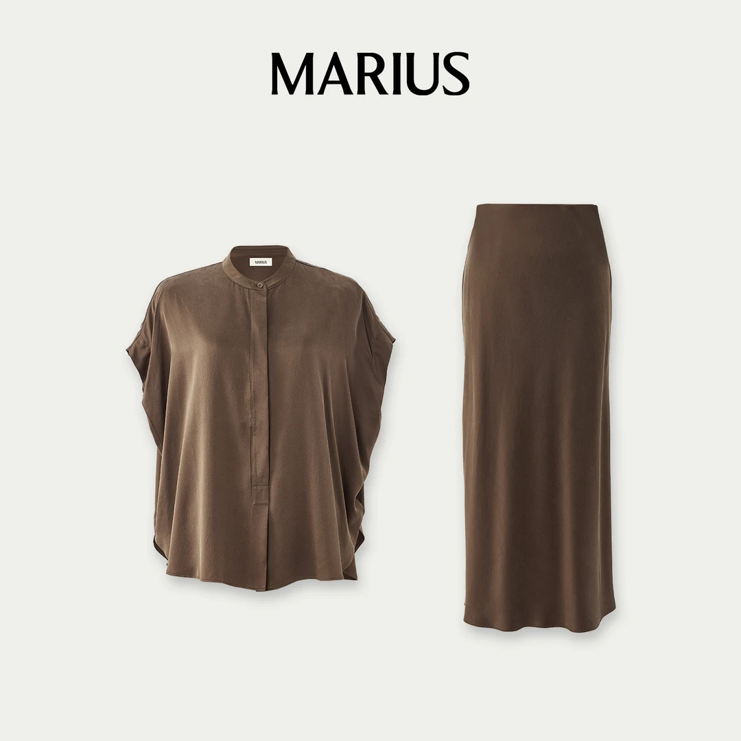 MARIUS"黑巧系列"真丝砂洗素绉缎老钱无袖落肩衬衫/斜裁半裙