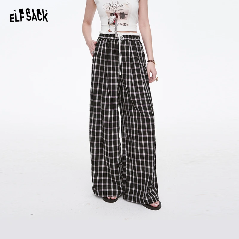妖精的口袋高腰格纹直筒休闲裤子女2025年春季新款复古通勤阔腿裤