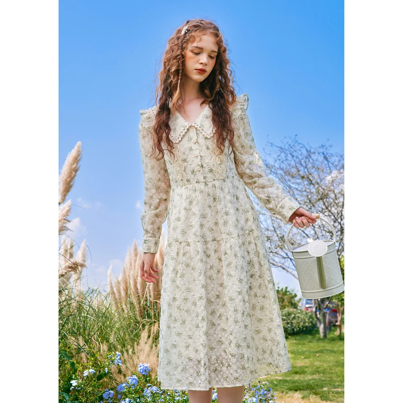 【高高甄选】菀草壹2024连衣裙针织花纹碎花中长裙子Q04321419