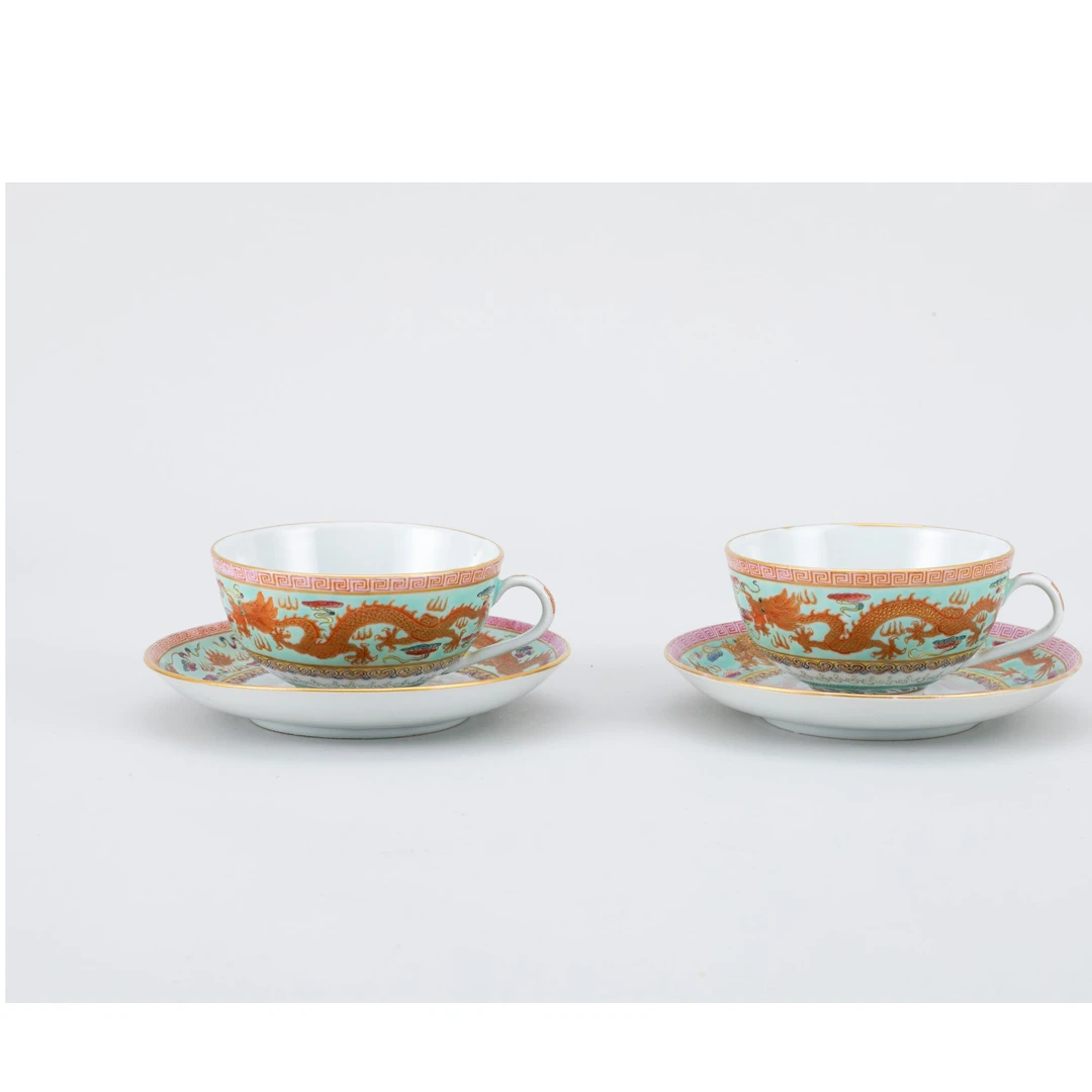 【拍卖】10、民国  “江西陶专精制”淡绿地勾金红龙杯、碟（两套）