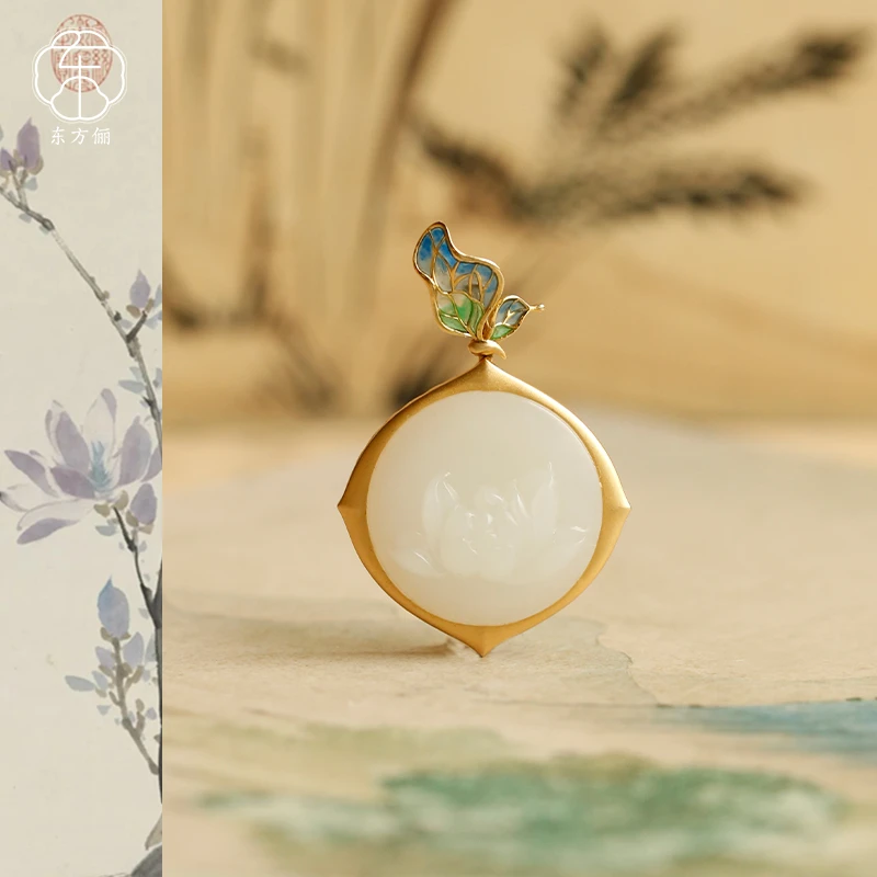 东方俪DOFUNLY【花月夜】和田玉18K金荷花复古吊坠项链WYDZ