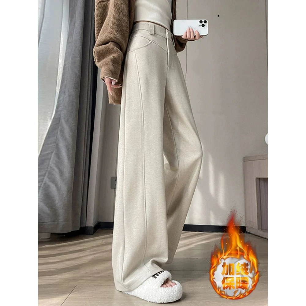 加绒杏色毛呢香蕉阔腿裤女秋冬季新款垂感宽松直筒百搭休闲弯刀裤