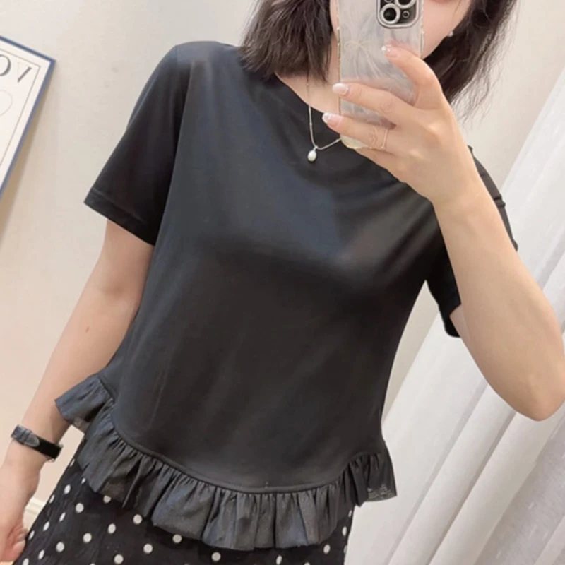 韩系简约设计感荷叶下摆设计感短袖T恤夏季新款时尚显瘦圆领上衣