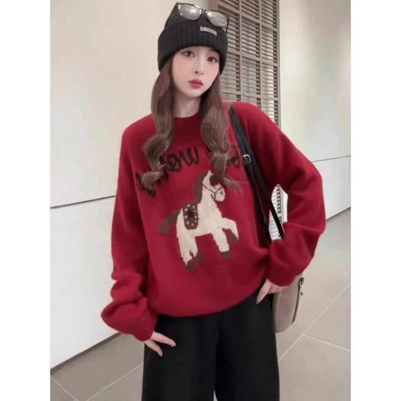 新年红色卡通提花圆领毛衣女款2025新款秋女款华丽绣花针织开衫