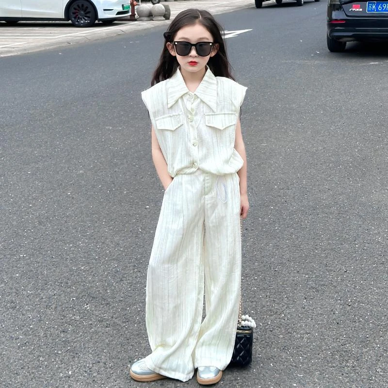 女童法式无袖衬衣高级感2025新款休闲直筒阔腿裤纹理两件套