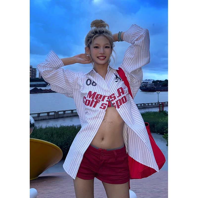芊喜Studio 美式字母印花条纹衬衫男女夏季宽松休闲防晒上衣外套