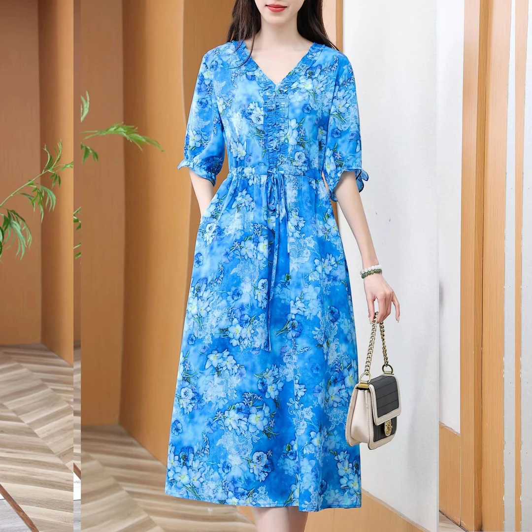 P-0585新款洋气夏装靓丽女人花色高级感连衣裙