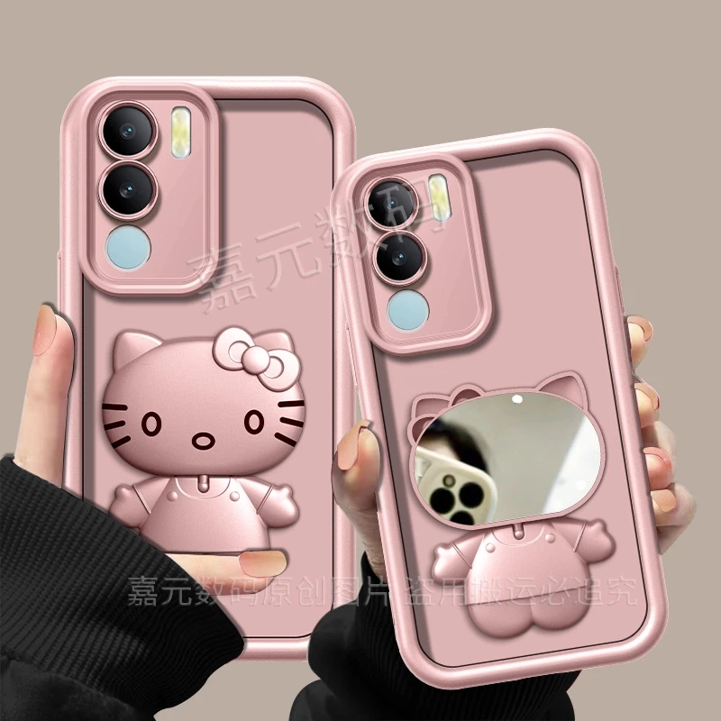 适用于【vivos17】金属漆香槟粉高级感猫咪支架手机壳防摔创意女款