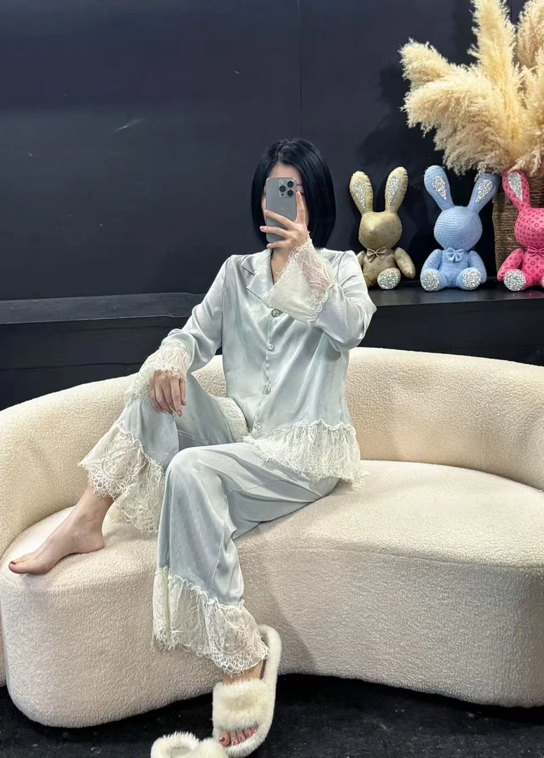 韩版夏季气质舒适款长袖设计师款人字纹蕾丝休闲家居服套装女