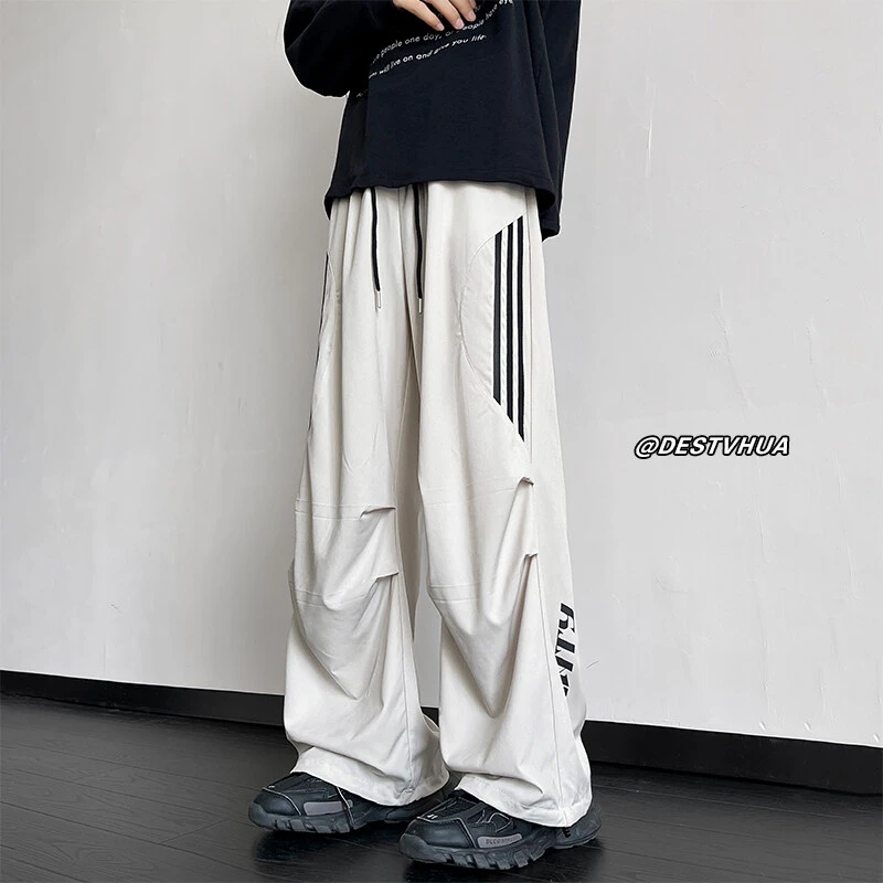 KZ8596春秋潮牌美式复古三条杠字母情侣百搭高街伞兵裤