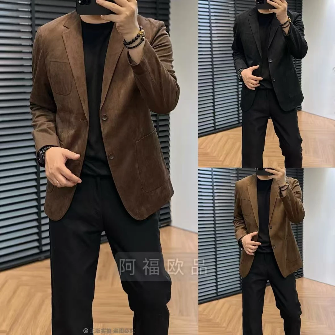 【阿福欧品】男士Zz净奢麂皮绒商务休闲西服小西装春秋秋季修身秋冬