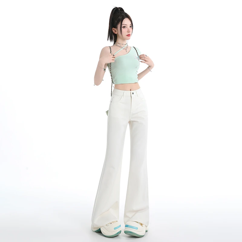 YKK拉链高腰不贴腿喇叭裤常规美式辣妹百搭拖地牛仔裤女长裤加长