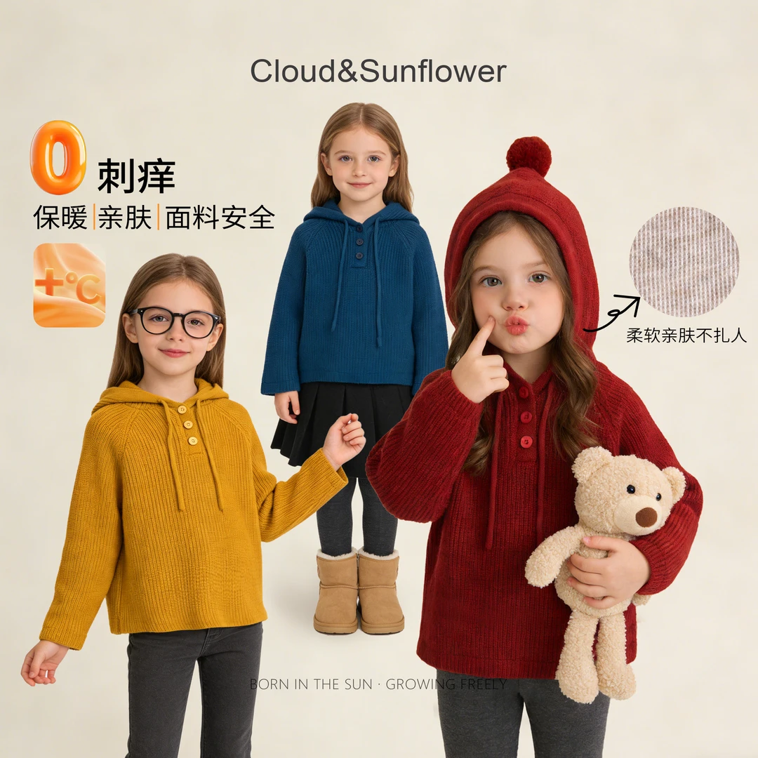 【云朵小葵】女童冬季年款三粒扣加厚抽绳小球连帽毛衣上衣555573