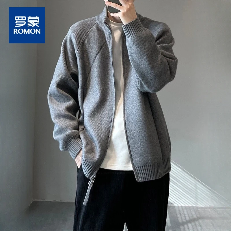 罗蒙秋冬新款慵懒风简约开衫男双开拉链立领宽松毛衣美拉德雅丹风